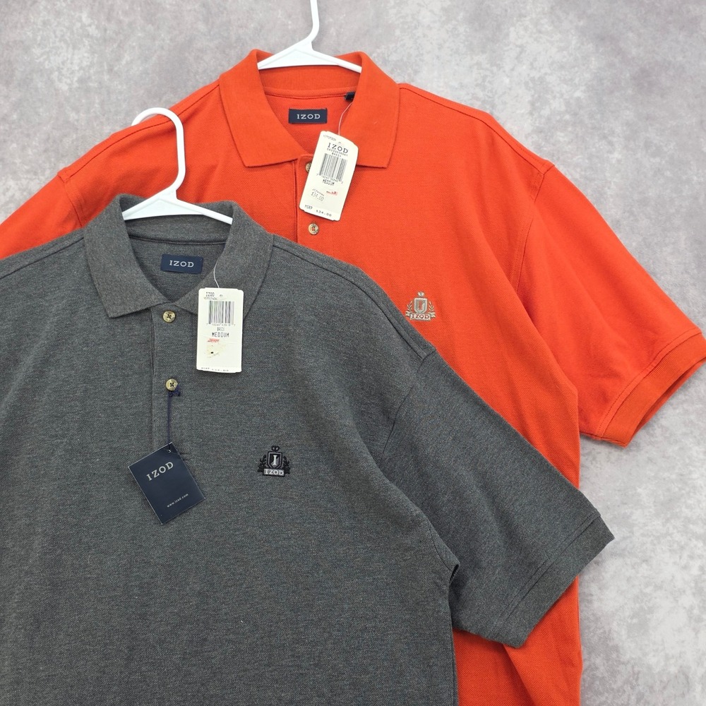 IZOD Basix Polo Shirts Mens Medium Orange Grey Cotton Pique Crest NEW Lot of 2